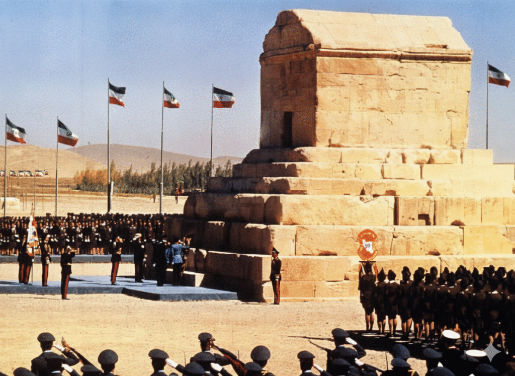 Shah of Iran speaking at the tomb of Cyrus the Great, Pasargadae.