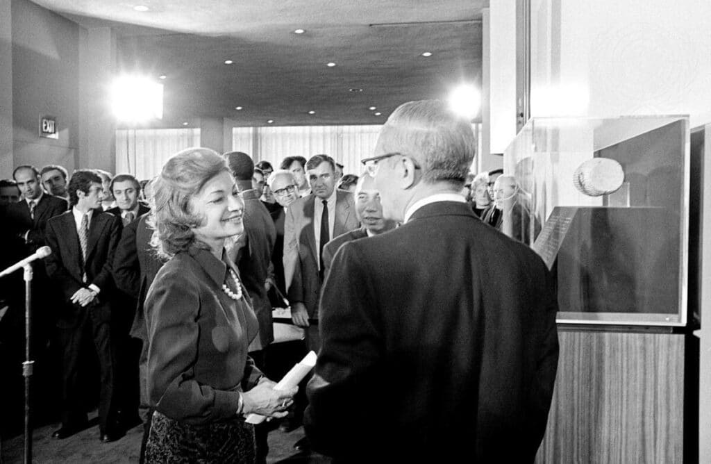 Princess Ashraf Pahlavi gifts a replica of the Cyrus Cylinder - UN , New York 1971